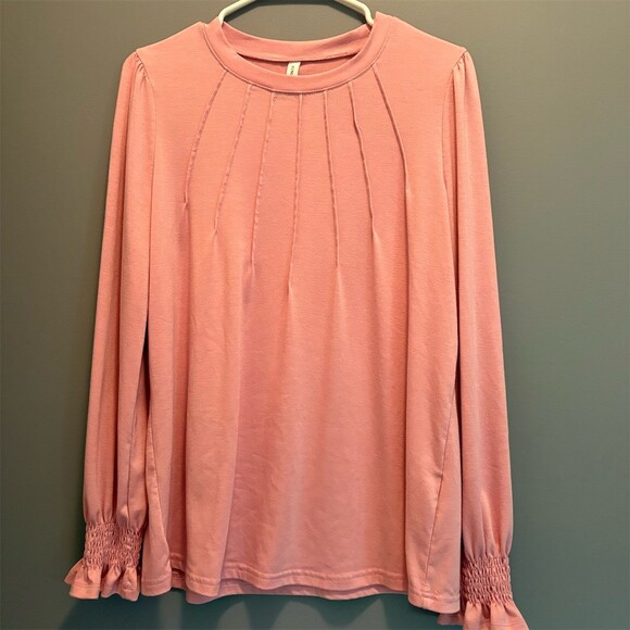 Funlingo Tops - Funlingo Blouse Womens Size L Mauve Pink Long Sleeve Pleated Smocked Cuffs